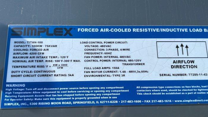 Simplex Titan Simplex #TITAN-100, Forced Air-cooled Resistive/inductive Load Bank ...