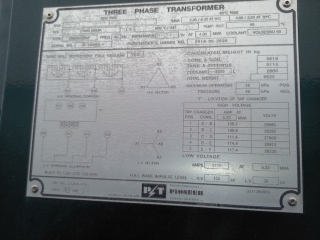 4000/5333 KVA 27600 Delta Primary, 600Y/347 Secondary, Pioneer, substation transformer, 1998 - Image 3