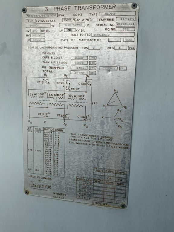 7.5/10.5 MVA 34500 Delta Primary, 4160Y/2400 Secondary, Carte, substation transformer - Image 6