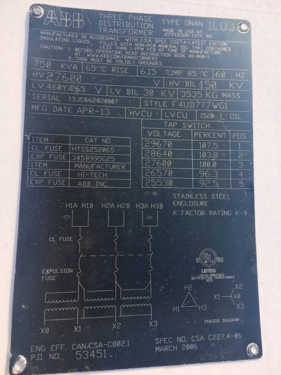 75 KVA 27600 Delta Primary, 460Y/265 Secondary, ABB, padmount transformer, 2013 - Image 4