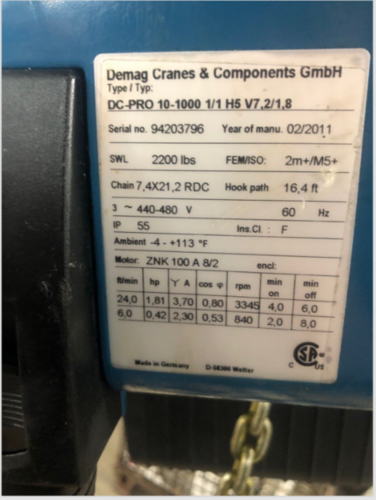 1 Ton, Demag #DC-Pro-10-1000 1/1 H5 V7,2/1, 8, 2200 lb Electric Chain Hoist - Image 3