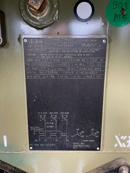 500 KVA 24940Grdy/14400 Primary, 480Y/277 Secondary, ABB, padmount transformer - Image 2