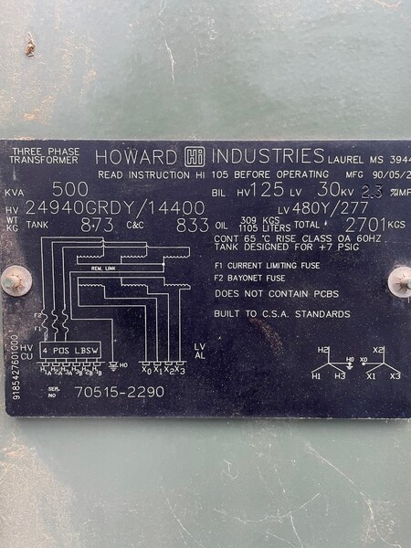 500 KVA 24940Grdy/14400 Primary, 480Y/277 Secondary, Howard, padmount transformer - Image 2