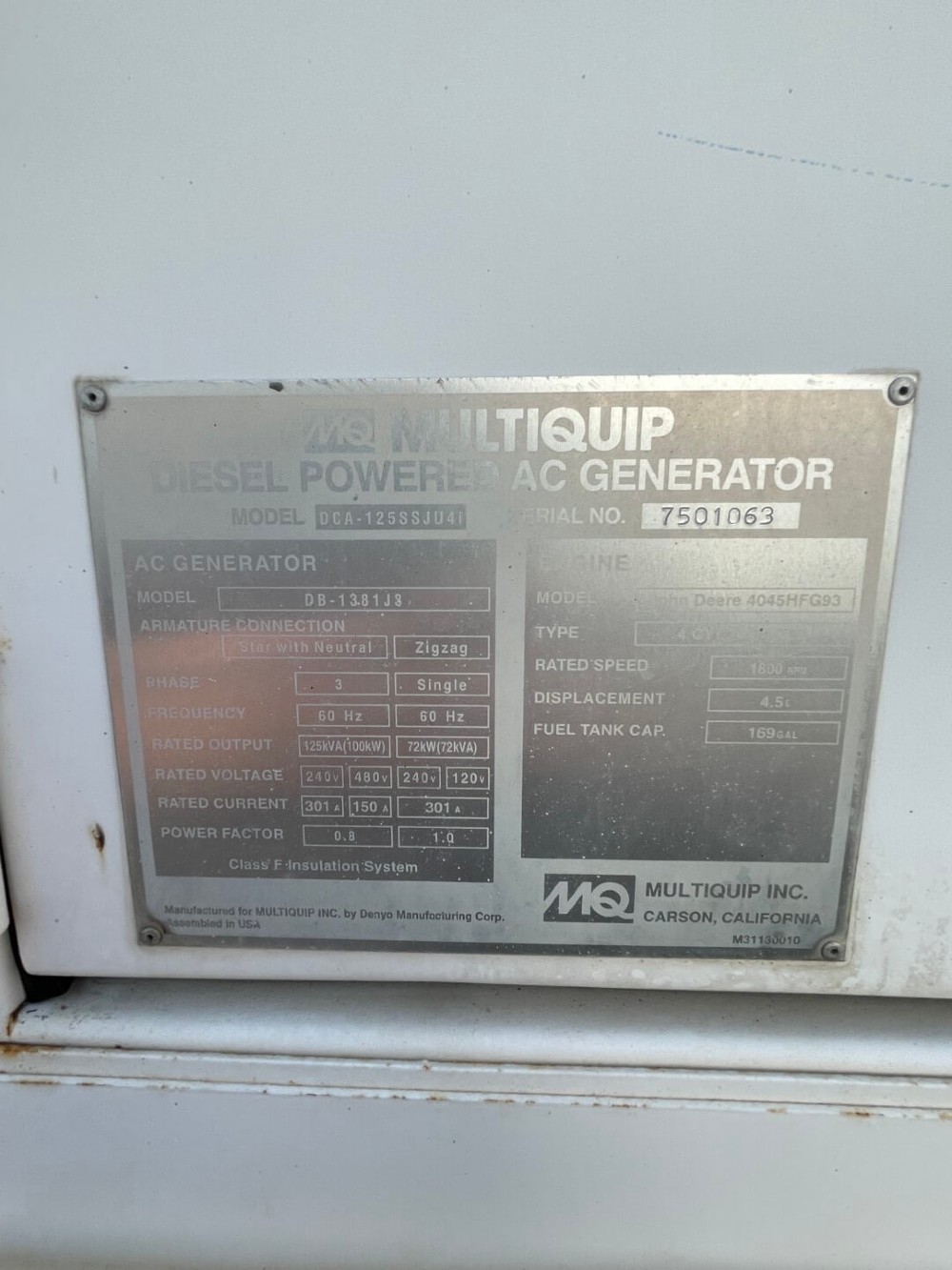 110 KW Multiquip #DCA125SSJU, trailer mounted, sound attenuated enclosure, Tier 4i, 15485 hours, 2013, $30k - Image 5