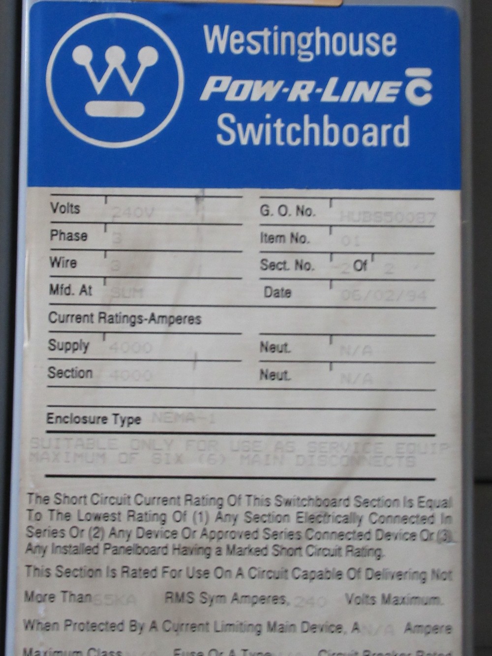 4000 Amps, Westinghouse #POW-R-LINE C, 240 Volts, 3PH3W, 2 section switchboard - Image 3