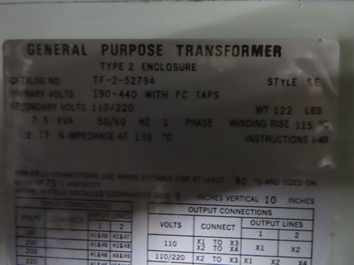 7.5 KVA 190 Primary, 440 Secondary, Acme TF-2-52794 type 2 transformer, 50/60 Hz, 1 yr warranty - Image 3