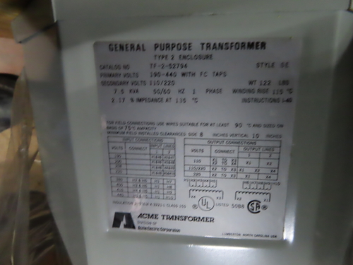 7.5 KVA 190 Primary, 440 Secondary, Acme TF-2-52794 type 2 transformer, 50/60 Hz, 1 yr warranty - Image 10