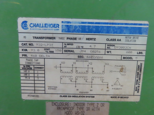 93 KVA 460 Primary, 460Y/266 Secondary, Challenger 932-LP3T transformer, 2 yr warranty - Image 2