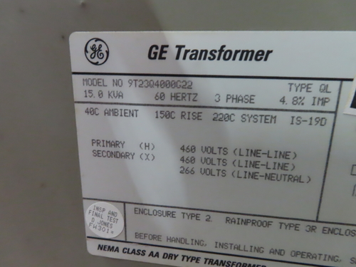 15 KVA 460 Primary, 460/266 Secondary, General Electric 9T23Q4000G22 transformer, 1 yr warranty - Image 8