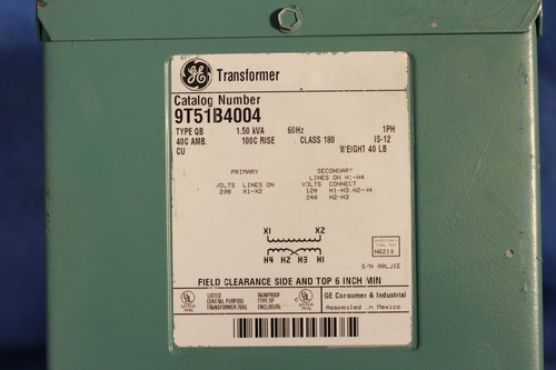 1.50 KVA 208 Primary, 120/240 Secondary, General Electric 9T51B4004 transformer, 1 yr warranty - Image 2