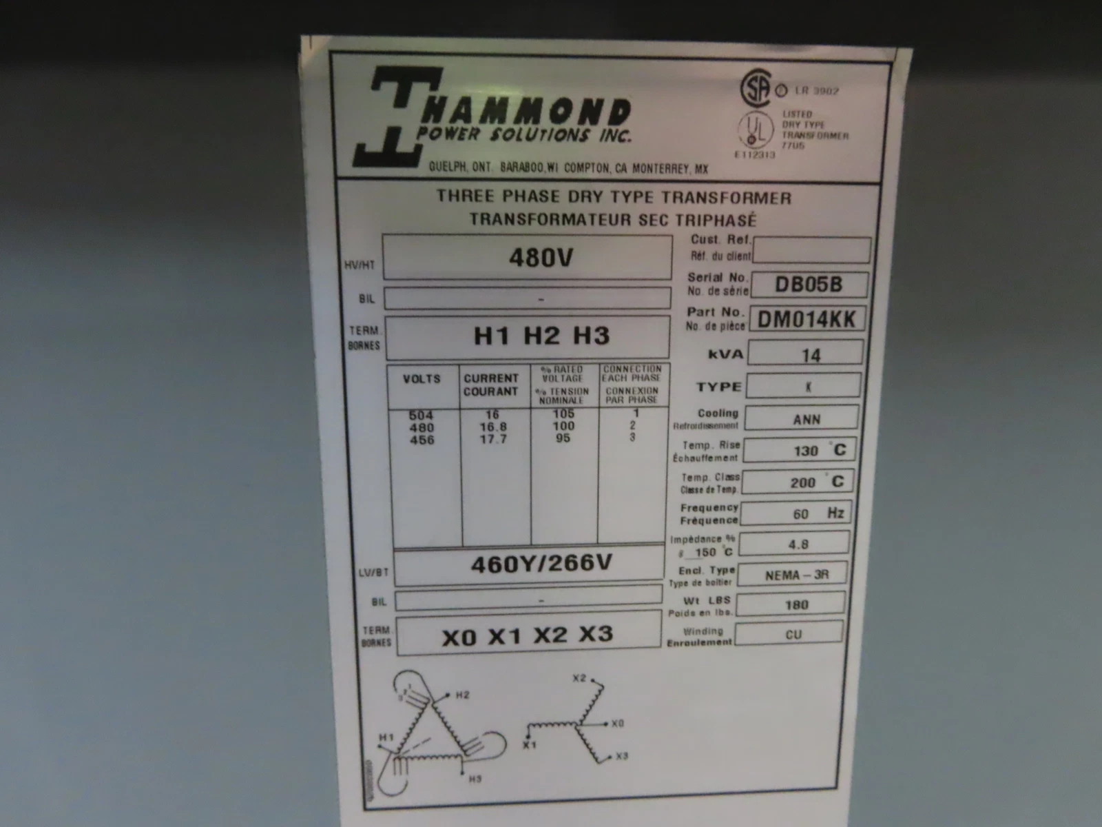 14 KVA 480 Primary, 460Y/266 Secondary, Hammond DM014KK dry type transformer, 1 yr warranty - Image 7