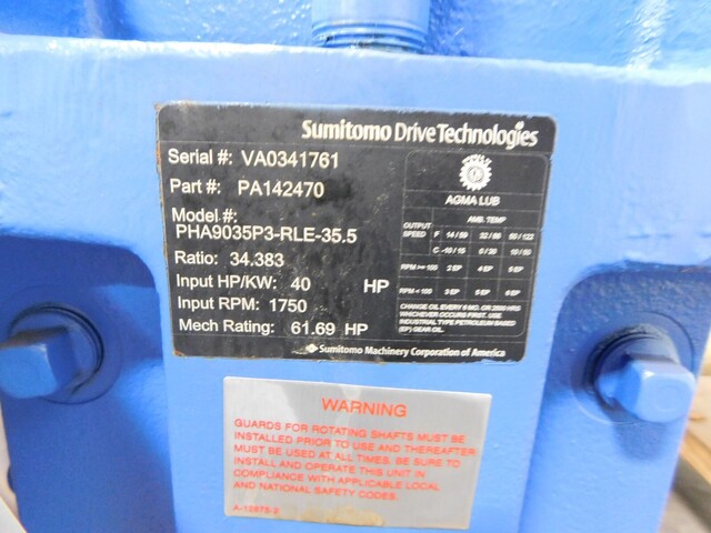 40 HP @ 1750 RPM, Sumitomo #PHA9035P3 Paramax 9000 gear reducer, 34.38 ratio, new - Image 9