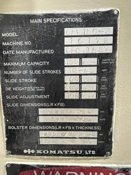 150 Ton, Komatsu #OBW150-2, double crank mechanical press, 7.87" stroke, 23.68" Shut Height, 1987 - Image 6