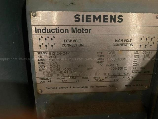 600 HP 3578 RPM Siemens, Frame 509S, weather protected enclosure type 2, SB, 1.15 service factor, 2300/4000 - Image 2