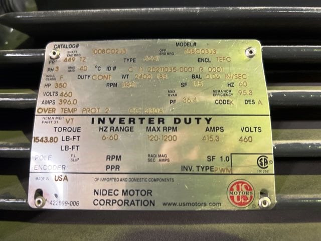 350 HP 1200 RPM U.S. Motors, Frame 449TZ, TEFC BB, 460 Volts New Surplus (2 available) - Image 3