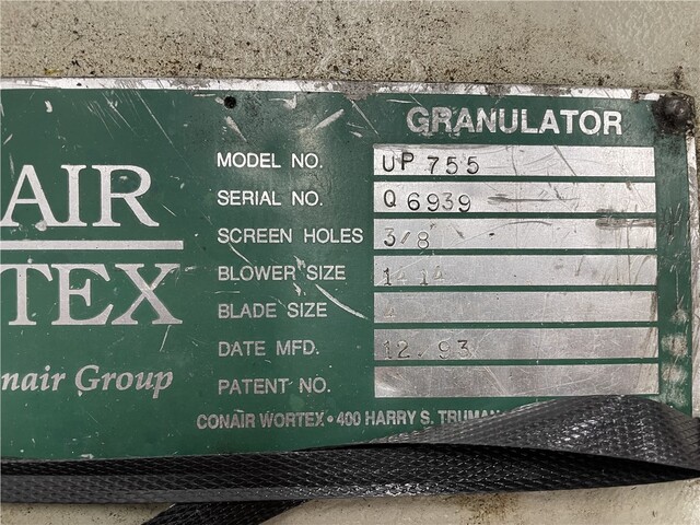 7" x 55" Conair Wortex #UP-755, Under the Press Granulator, 10 HP, Paddle Roll Feed, 1993 - Image 6