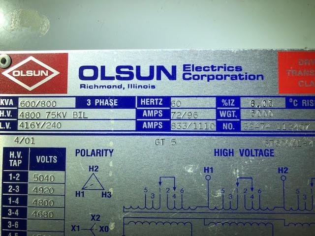 600/800 KVA 4800 Primary, 415Y/240 Secondary, Olsun, dry type, Nema 1 with taps - Image 1