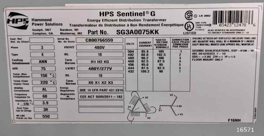 75 KVA 480 Primary, 227 Secondary, Hammond HPS #Sentinal-G Transformer - Image 4