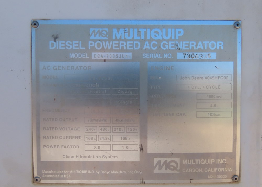 62 KW Multiquip #DCA70SSJU4i, trailer mounted diesel generator, sound attenuated enclosure, Tier 4i, 14540 - Image 7