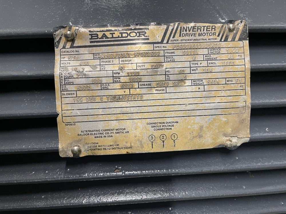 500 HP 1190 RPM Baldor, Frame 5011L, TEFC, 6322ZZ, 6222ZZ, thermostats, 460 Volts - Image 2