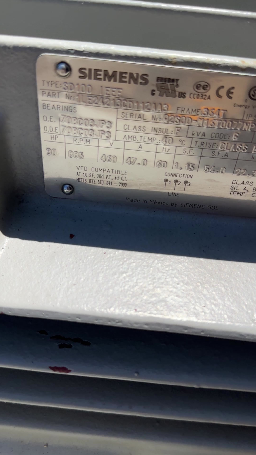 30 HP 885 RPM Siemens, Frame 364T, 460 Volts, unused - Image 4