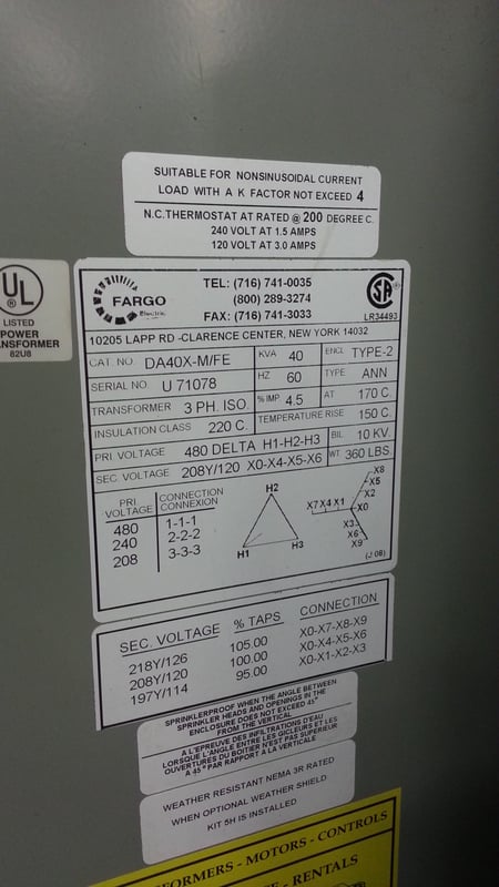 40 KVA 480 Primary, 208Y/120 Secondary, Fargo 3 phase Transformer - Image 2