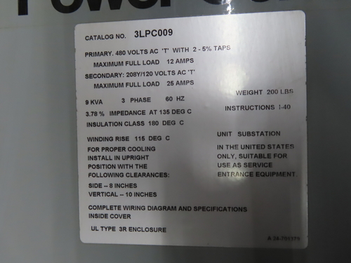 9 KVA 480 Primary, 208Y/120 Secondary, Siemens Power Center transformer 3LPC009, new, 1 yr warranty (11 - Image 6