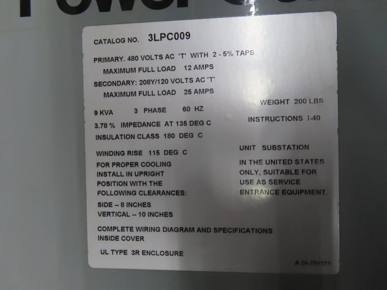 9 KVA 480 Primary, 208Y/120 Secondary, Siemens Power Center transformer 3LPC009, new, 1 yr warranty (11 - Image 6