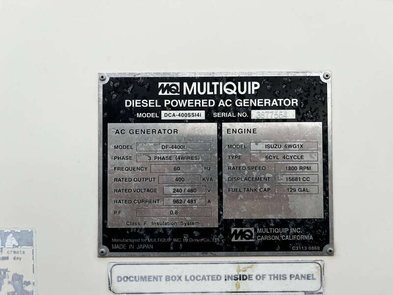 352 KW Multiquip #DCA400SSI4I, trailer mounted diesel generator, sound attenuated enclosure, Tier 4i, 11317 - Image 8