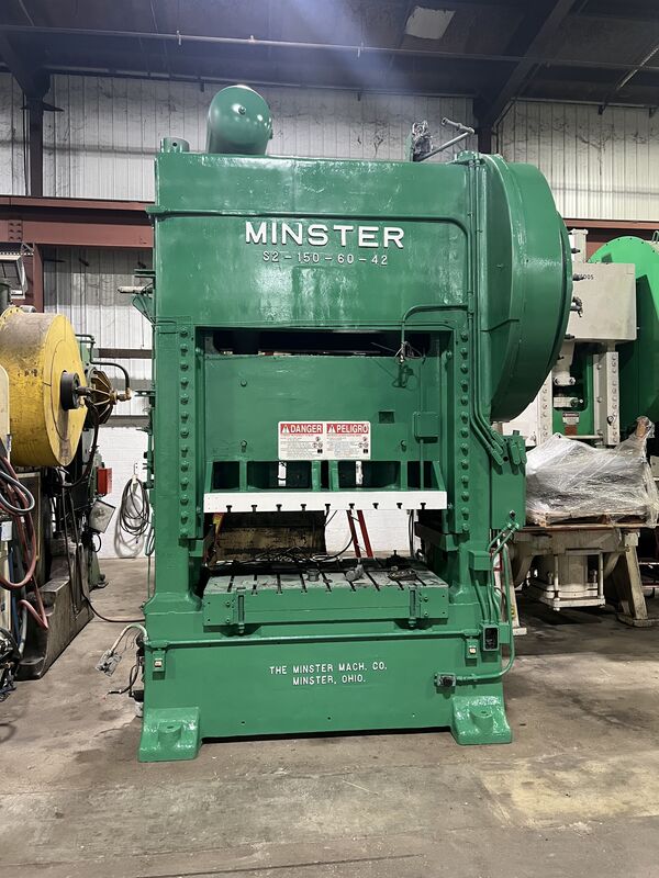 160 Ton, Minster #S2-150-60-42, straight side double crank press, 8" stroke, 27.5" Shut Height, air clutch & - Image 1