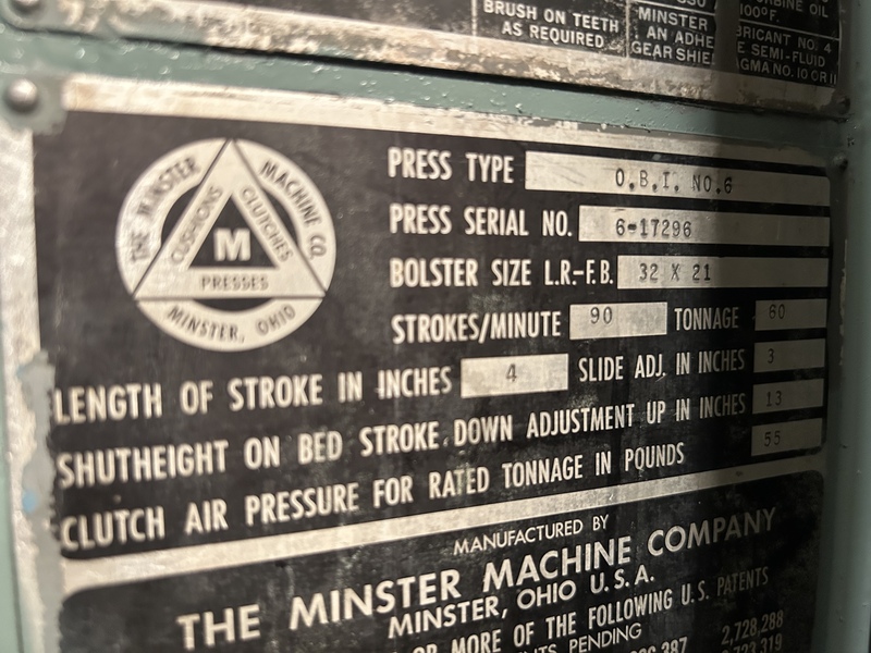 60 Ton, Minster #6, 4" stroke, 13" Shut Height, 32" x21"bed, 90 SPM, 3" adj.,air clutch, 1968 - Image 9