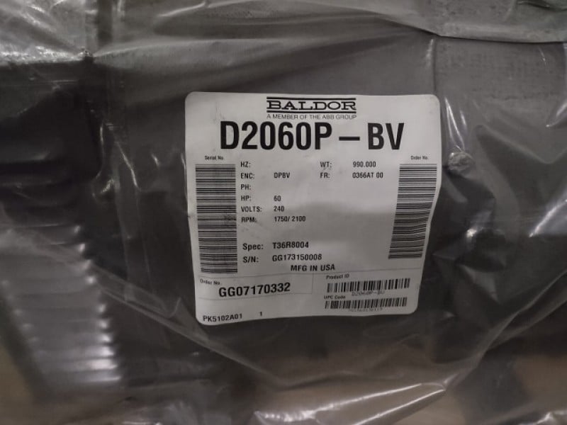 60 HP 1750 RPM Baldor, Frame 366AT, DP-BV, 240 VA, 150/300 VF, new surplus - Image 1