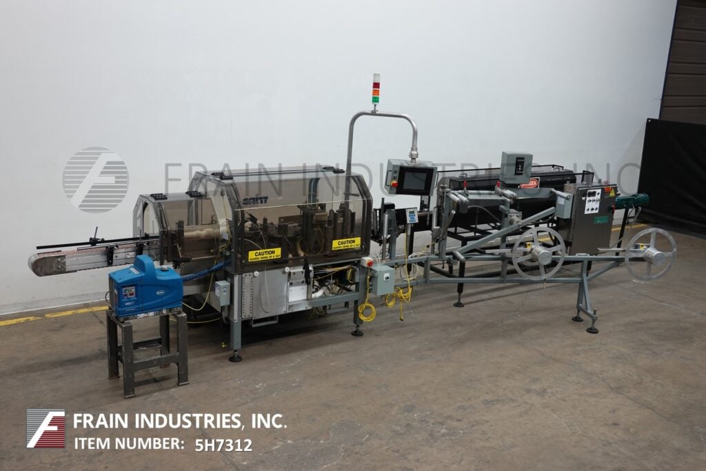 Trine #4500GS, Stainless Steel, roll fed, wrap around, hot melt glue labeler and shrink tunnel rated from - Image 1