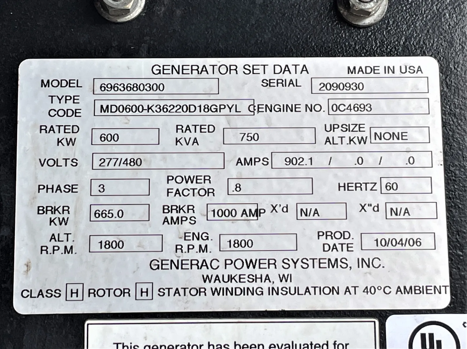 600 KW Generac #6967170800, diesel generator, 430 hours, #089254 - Image 6