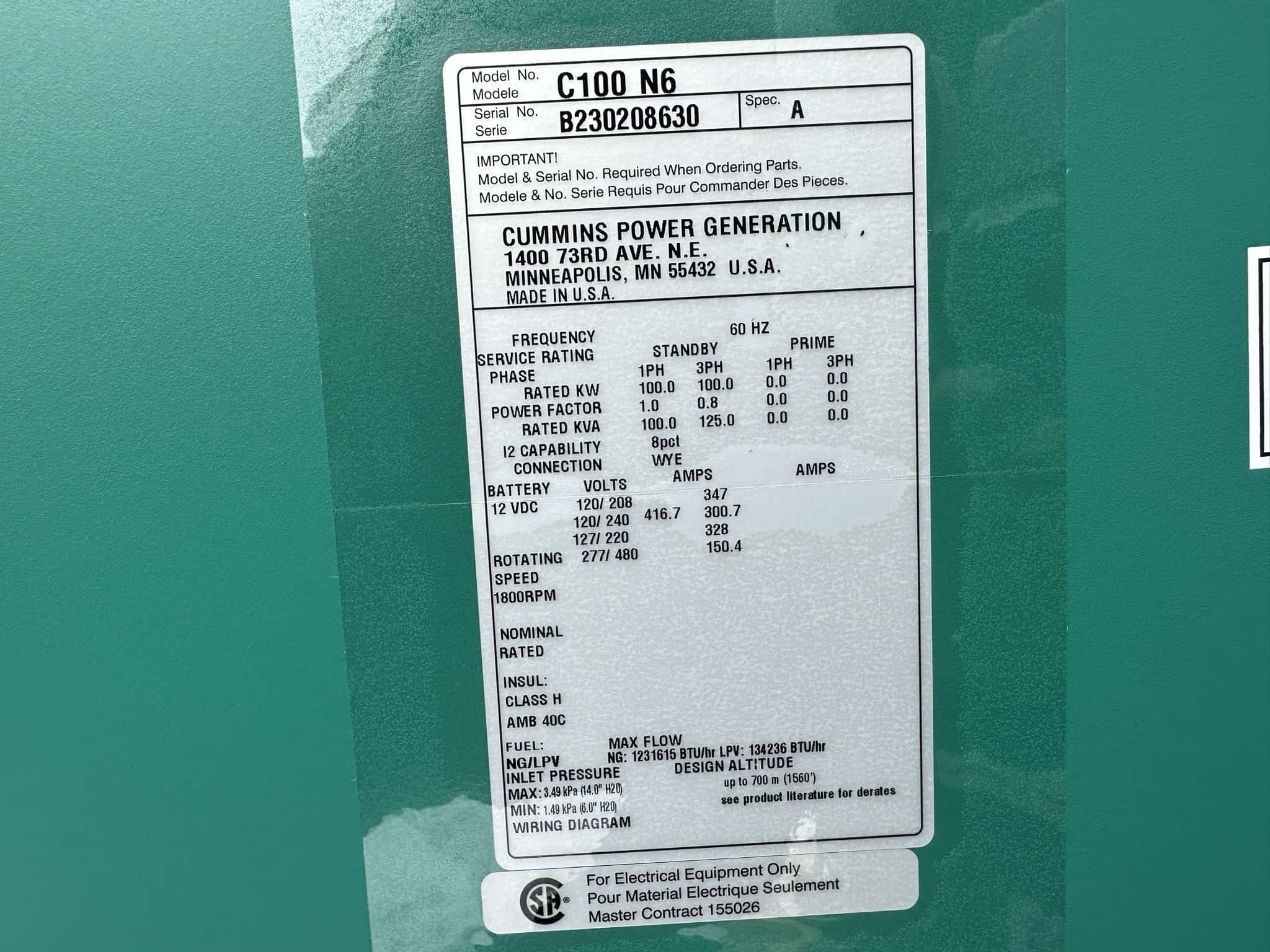 100 KW Cummins #C100N6, Natural gas/propane generator set, 120/208 Volts,new, 2 yr warranty, 2023 - Image 8