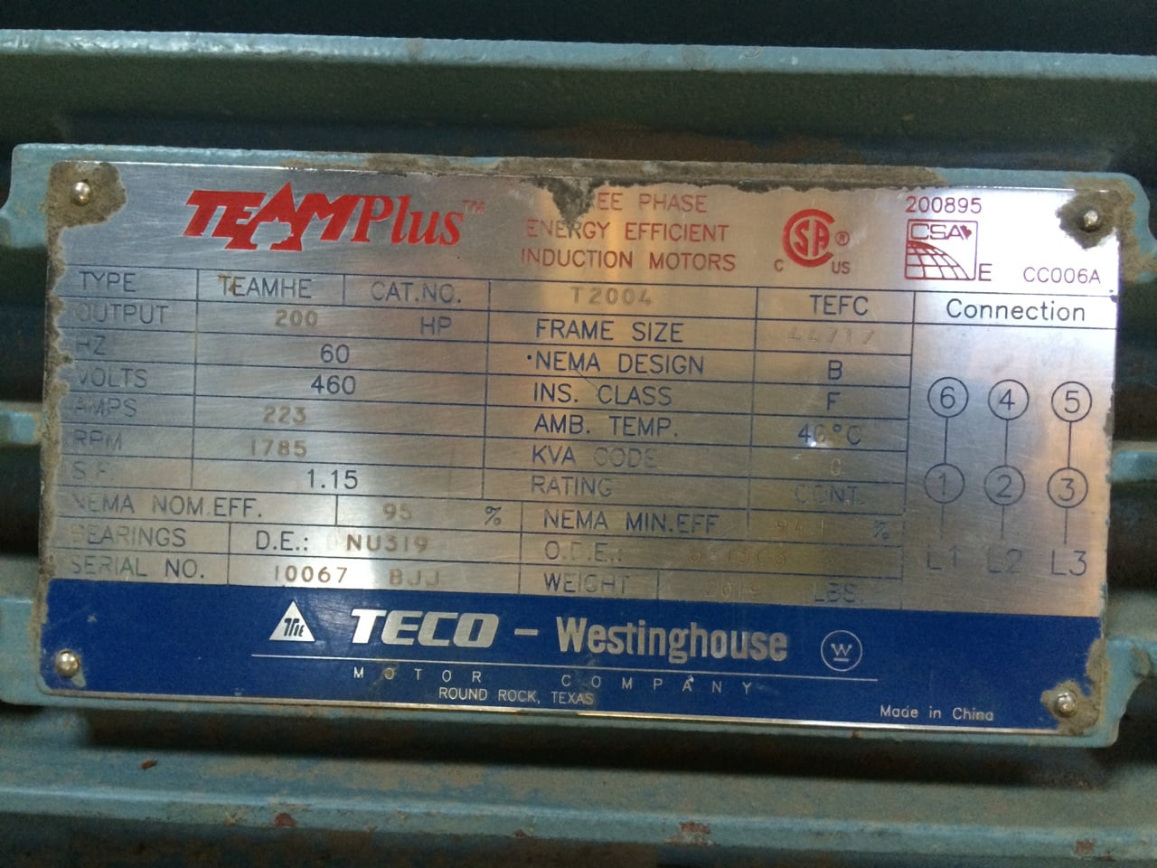 200 HP 1800 RPM Teco, Frame 447TZ, TEFC, 1.15 service factor, 460 Volts - Image 1