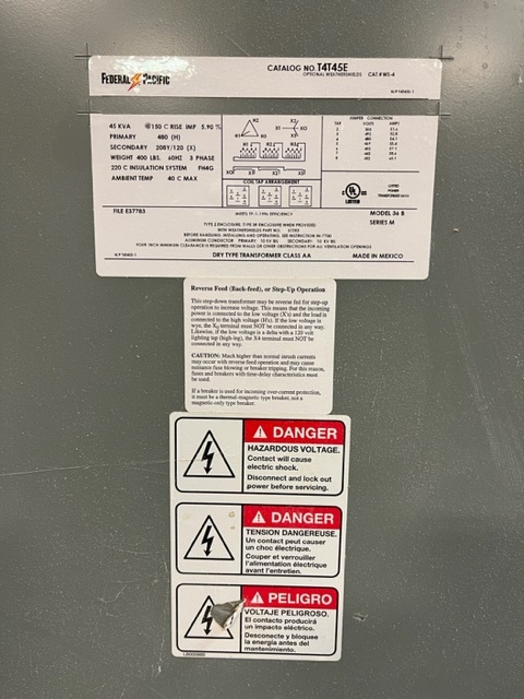 45 KVA 480 Primary, 208Y/120 Secondary, Federal Pacific - Image 2