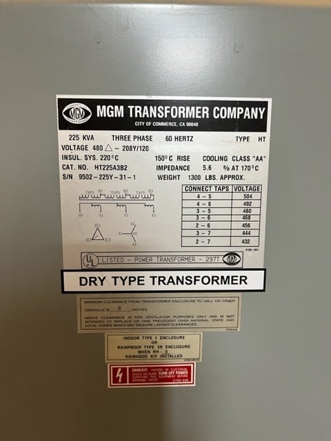225 KVA 480 Primary, 208Y/120 Secondary, MGM Transformer - Image 2