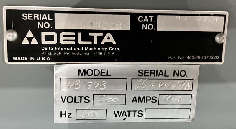 Delta #43-373, shaper, 200 V., 3 phase, 60 Hz,, serial #86K19798 - Image 3
