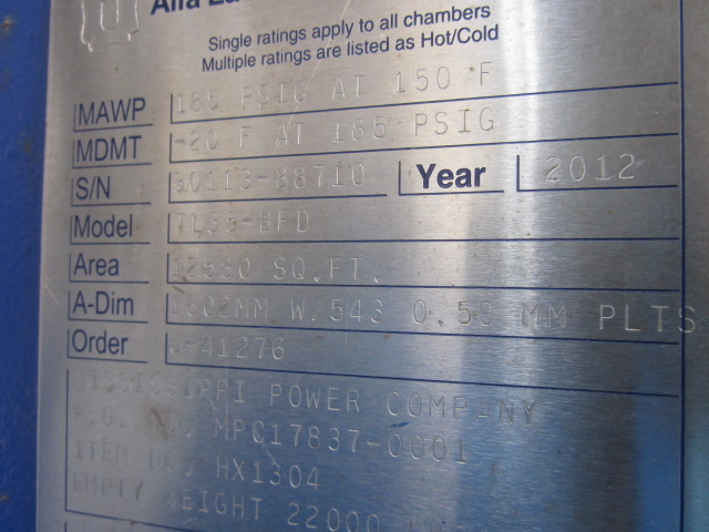 12580 sq.ft., Alfa-Laval, TL35-BFD, 811 plates x .02", 185 psi, (2)14" inlets, (2)14" outlets, 2012 - Image 5