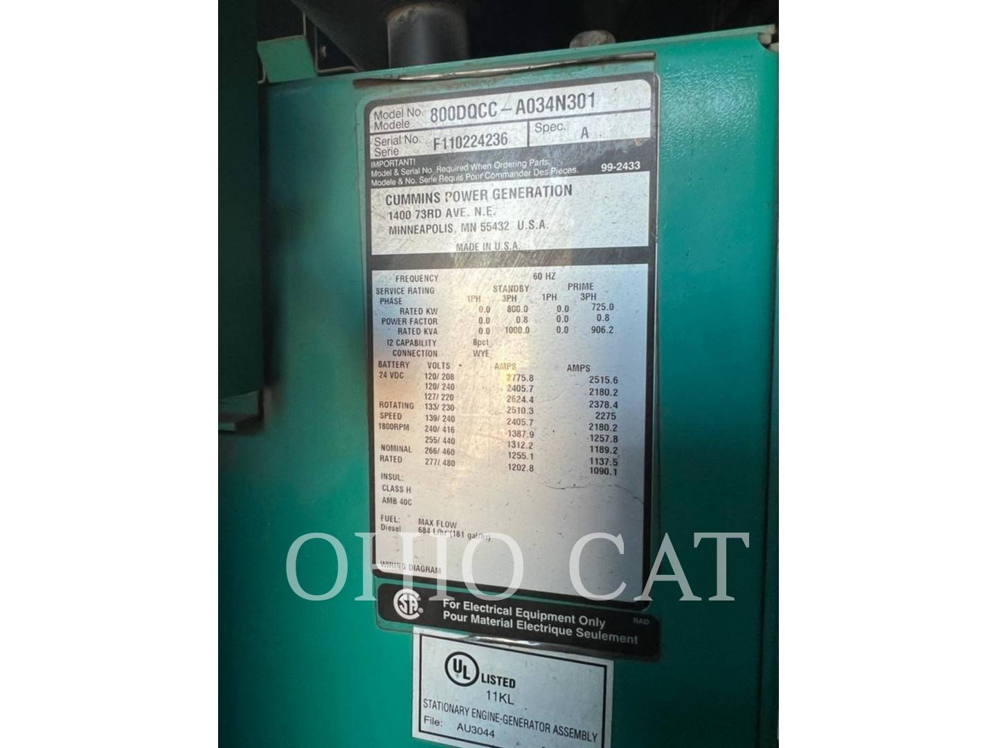 800 KW Cummins 800DQCC, Diesel, 1800 RPM, 480V, 5460 hours, 2008 - Image 3