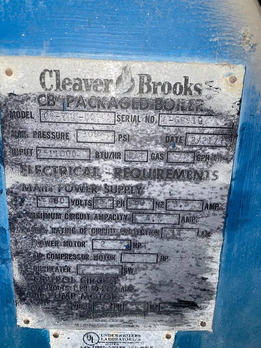 60 HP Cleaver-Brooks #CB-700-60, Packaged Firetube Hot Water Boiler, 480 V, 2511000 BTUH, 30 HW psi - Image 5