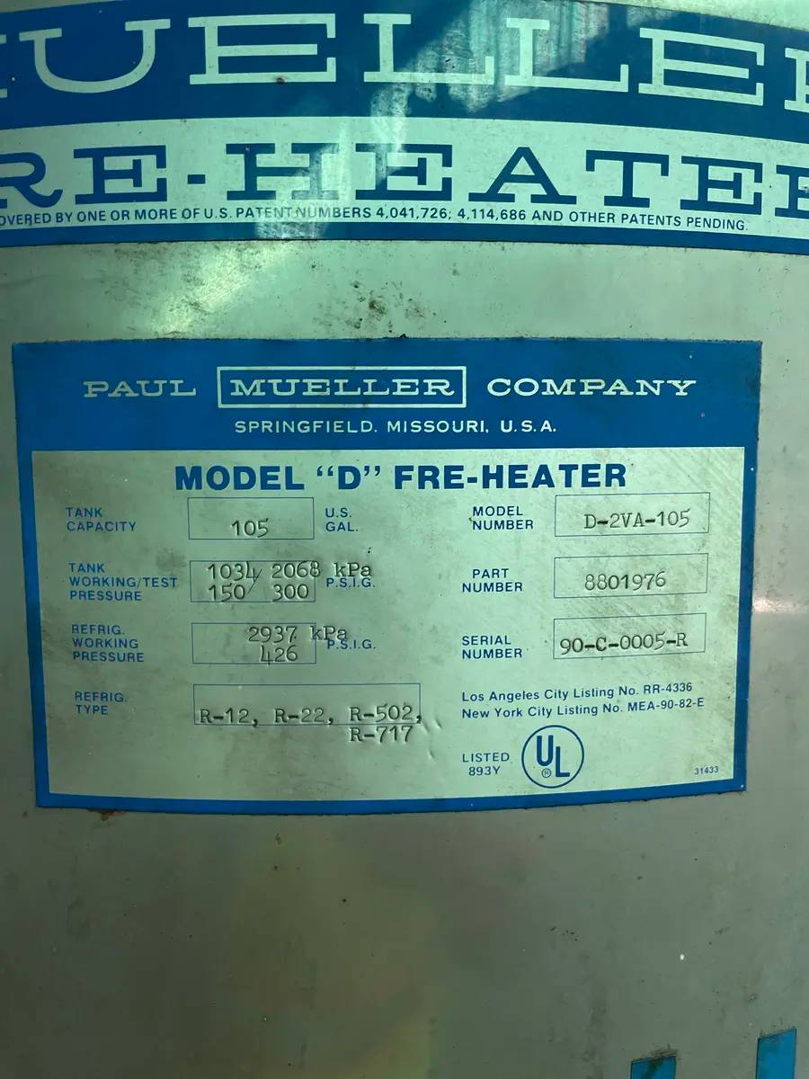 Mueller #D-2VA-105, Fre-Heater Horizontal Water Heater, 105 gallon, 150/300 psig - Image 10