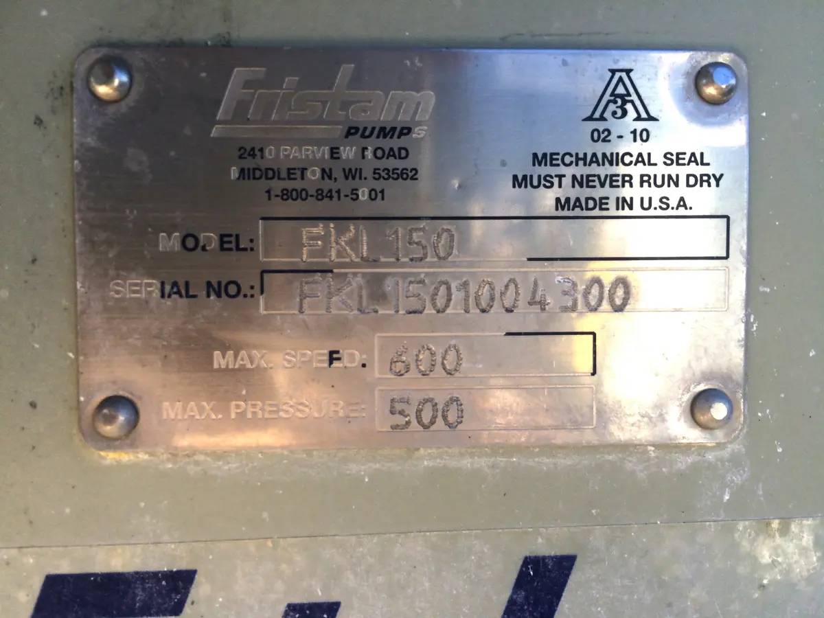 155 GPM @ 500 psi, Fristam #FKL150, Positive Displacement Pump, 0.259 Gallons, 600 RPM speed - Image 6
