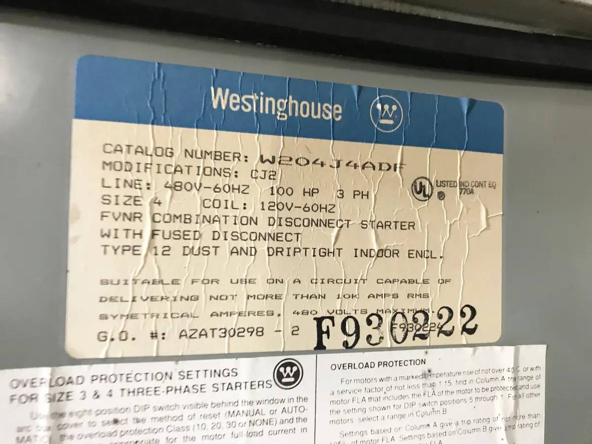 Westinghouse, Motor Starter, 100 HP, 460 Volts, 60 Hz, 3 phase - Image 10