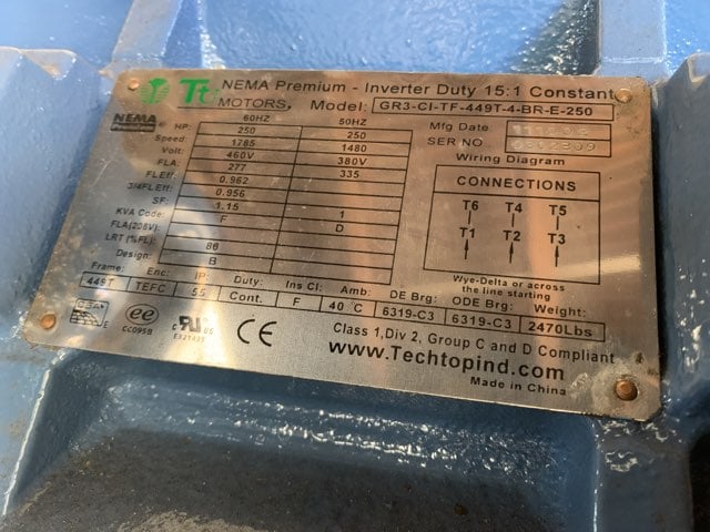 250 HP 1800 RPM Techtop, Frame 449TC, TEFC BB, 460 Volts, New Surplus - Image 3