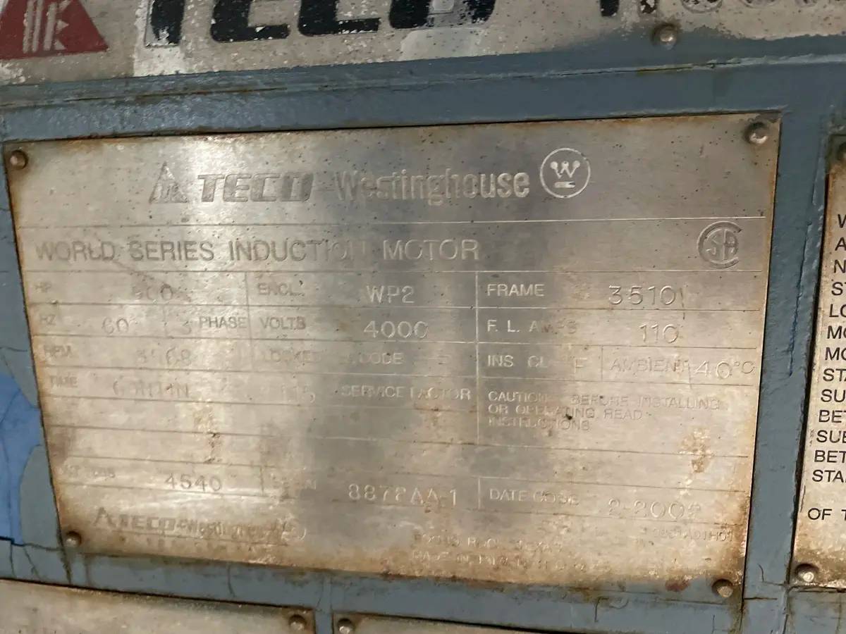 900 HP 3566 RPM Teco Westinghouse screw compressor motor, Frame 3510, weather protected enclosure type 2,4000 - Image 5