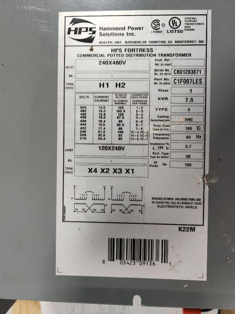 7.5 KVA 240/480 Primary, 120/240 Secondary, Hammond Power Solutions Fortress #C1F007LES - Image 1