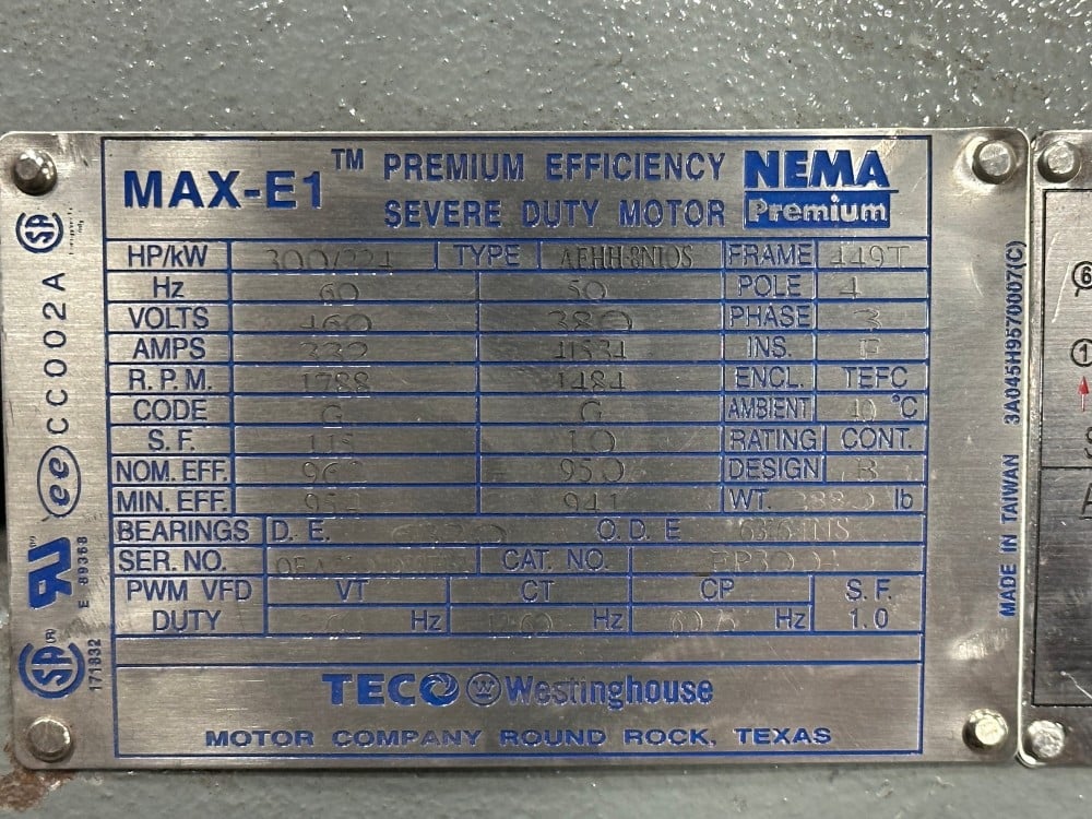 300 HP 1800 RPM Teco-Westinghouse, Frame 449T, TEFC, 50/60HZ, 380/460 Volts w/1HP Aux Fan - Image 3