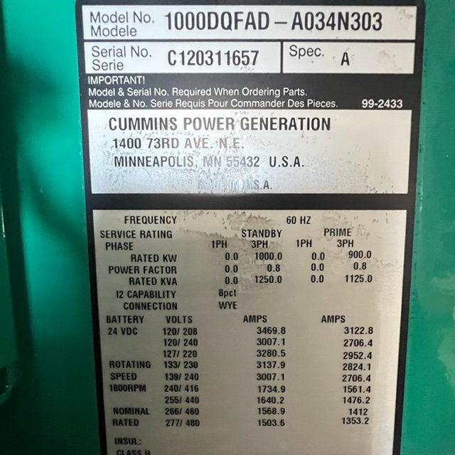 1000 KW Cummins #1000DQFAD, portable diesel generator, 277/480 Volts, Tier 2,2000 hours, 2012 - Image 2